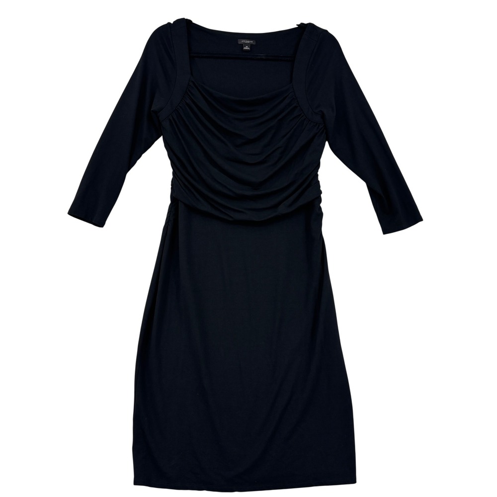 Ann Taylor Sheath Dress Women Size 10 Black Ruched Square Neck Jersey Knit